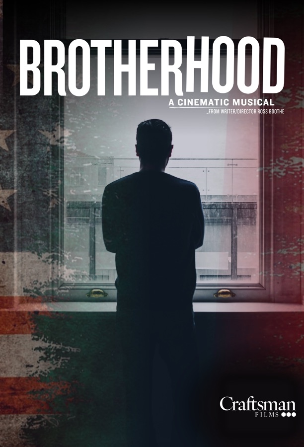 Brotherhood key art: a lone silhouette at a rain-streaked window as the U.S. and Mexican flags bleed together.